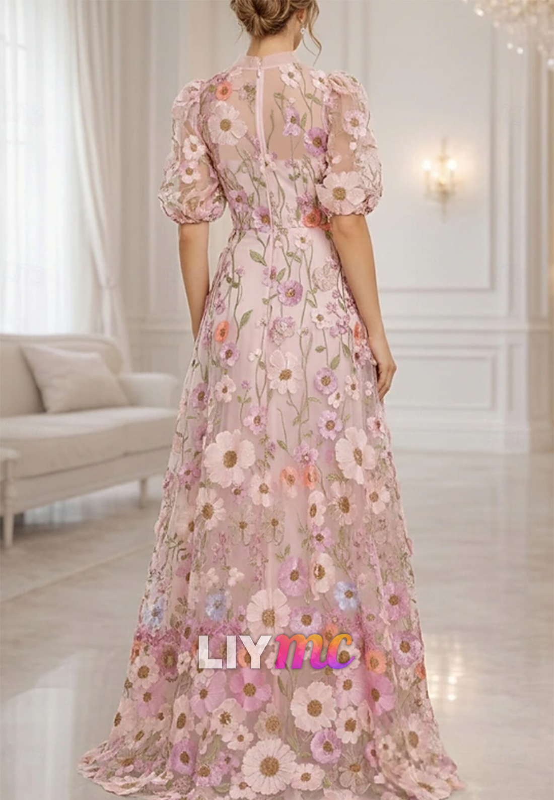 V-Neck Short Sleeves Floral Printed A-Line Mother of Bride Dress