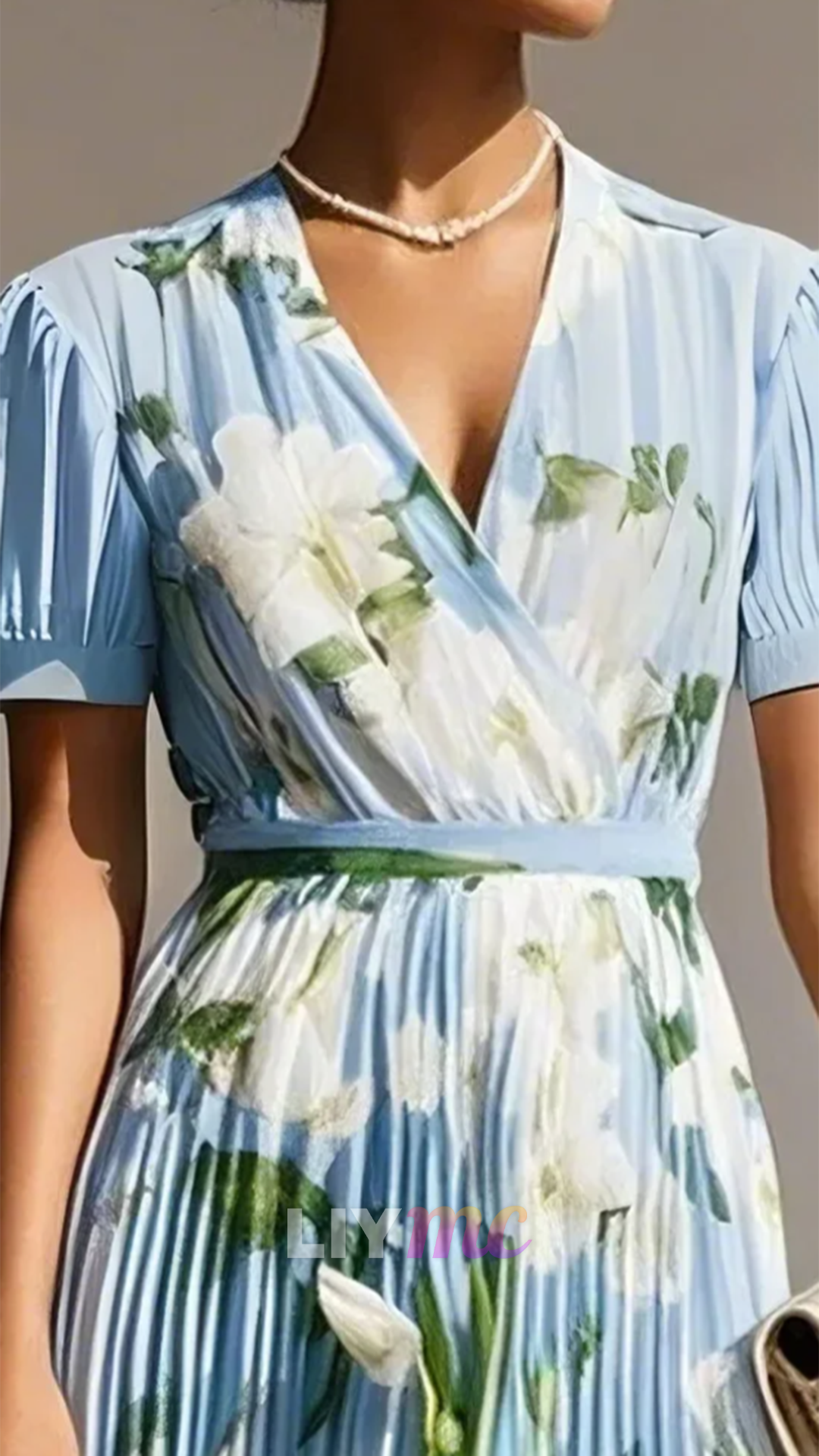 V-Neck Short Sleeves Floral Printed Pleated A-Line Wedding Guest Dress