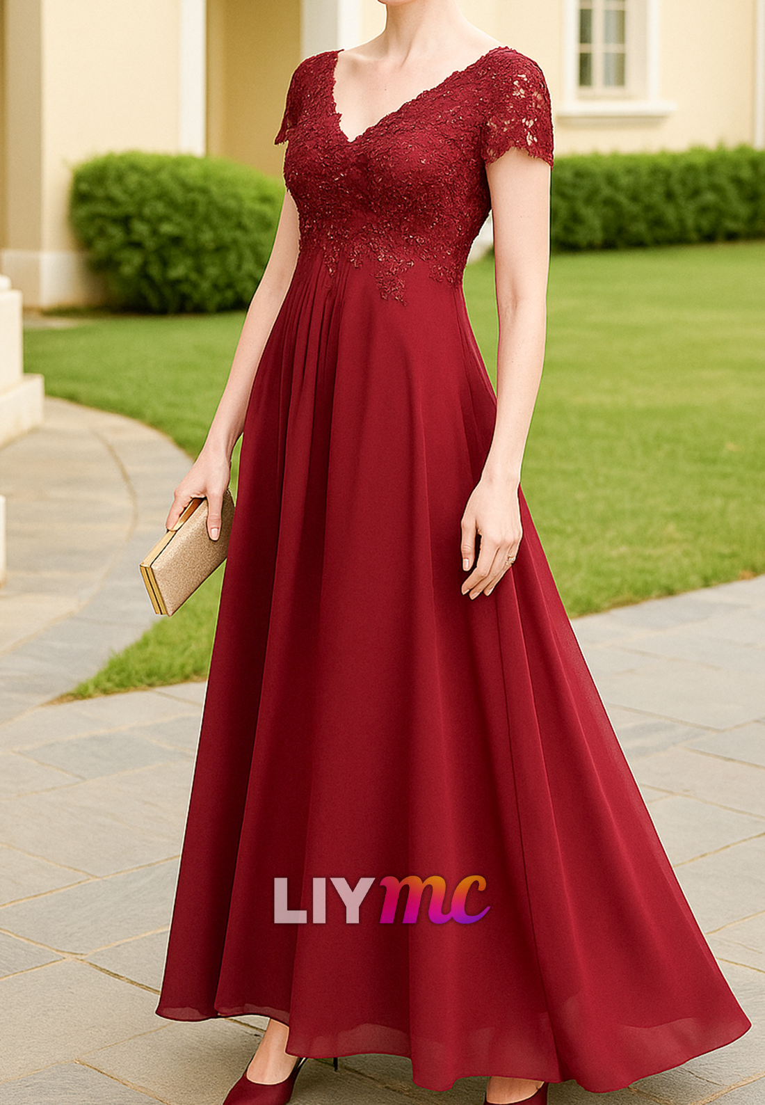 V-Neck Short Sleeves Lace Appliques A-Line Mother of Bride Dress