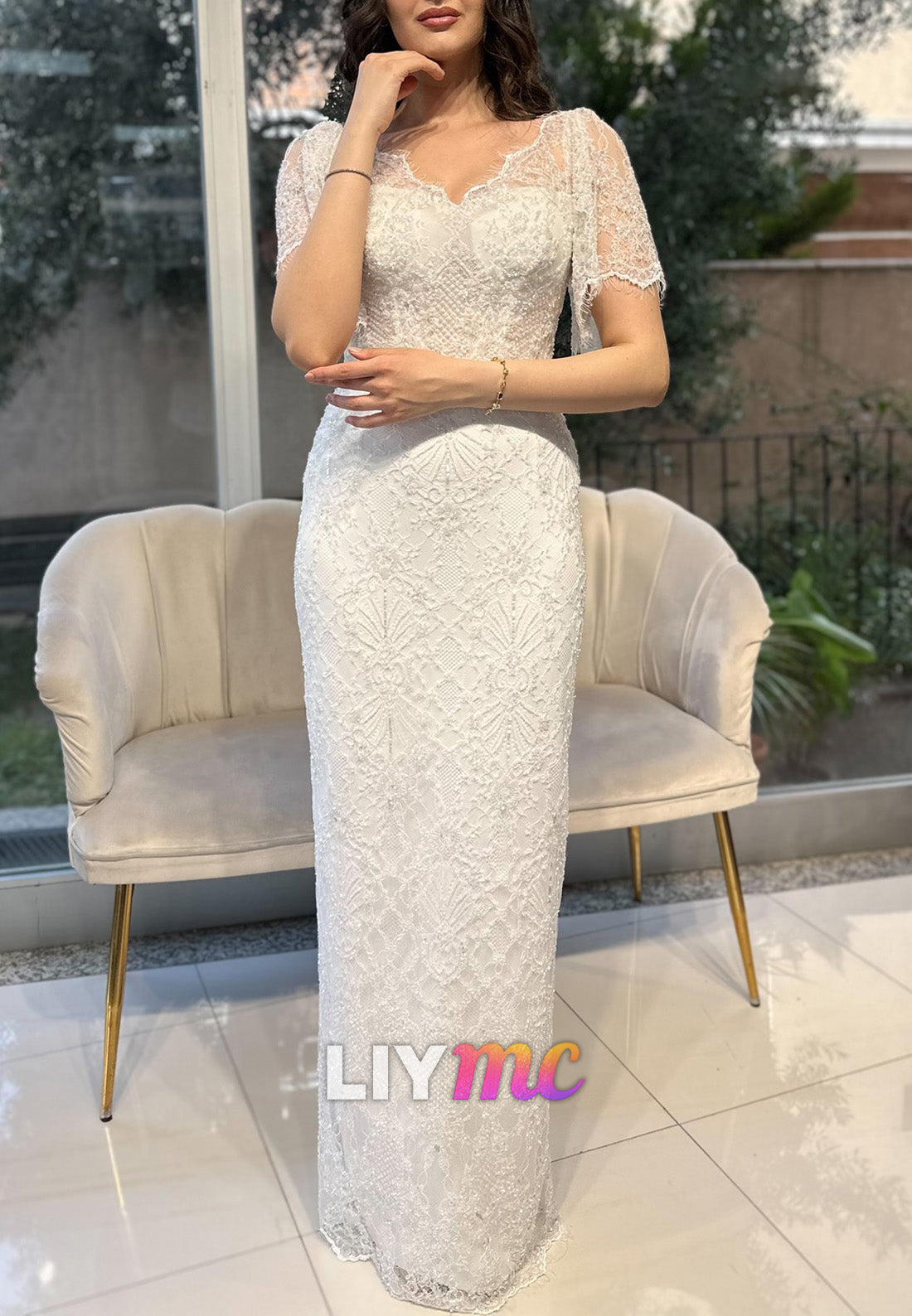 V-Neck Short Sleeves Lace Appliques Sheath Wedding Dress