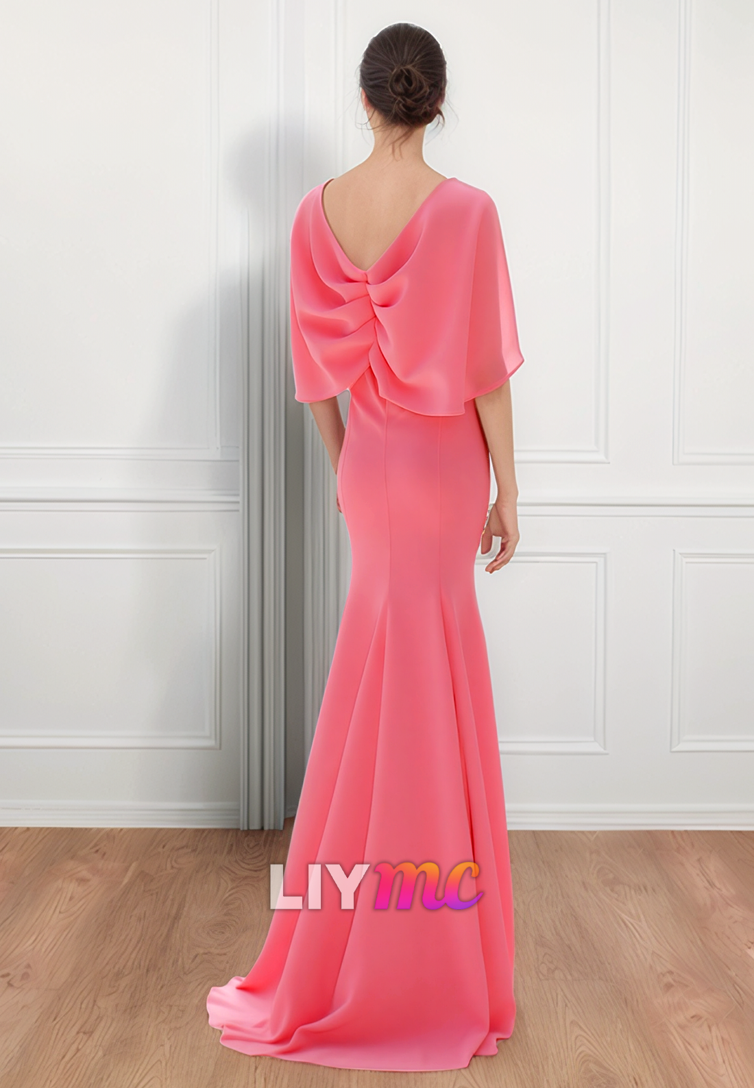 V-Neck Short Sleeves Pleated Sleek Mermaid Mother of Bride Dress