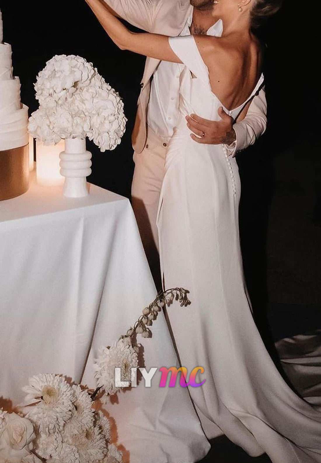 V-Neck Side Slit Pleated Sheath Beach Wedding Dress