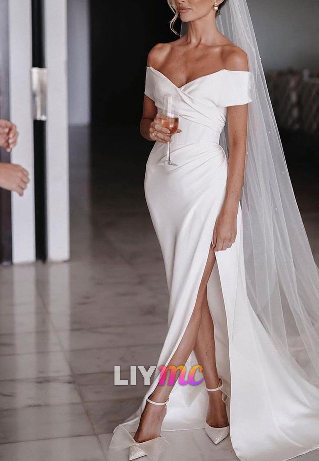 V-Neck Side Slit Pleated Sheath Beach Wedding Dress