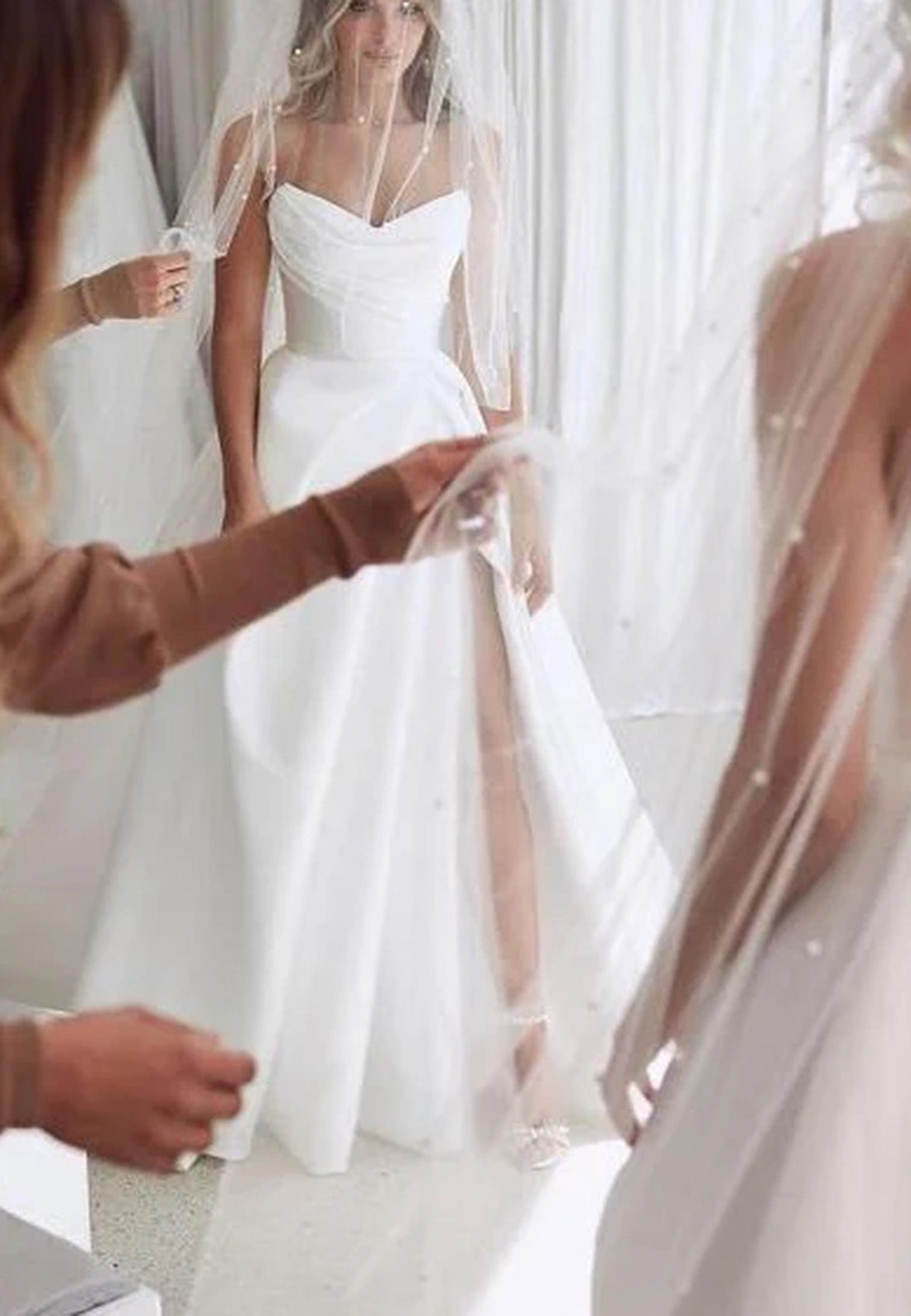 V-Neck Side Slit Sleeveless Pleated Satin A-Line Wedding Dress