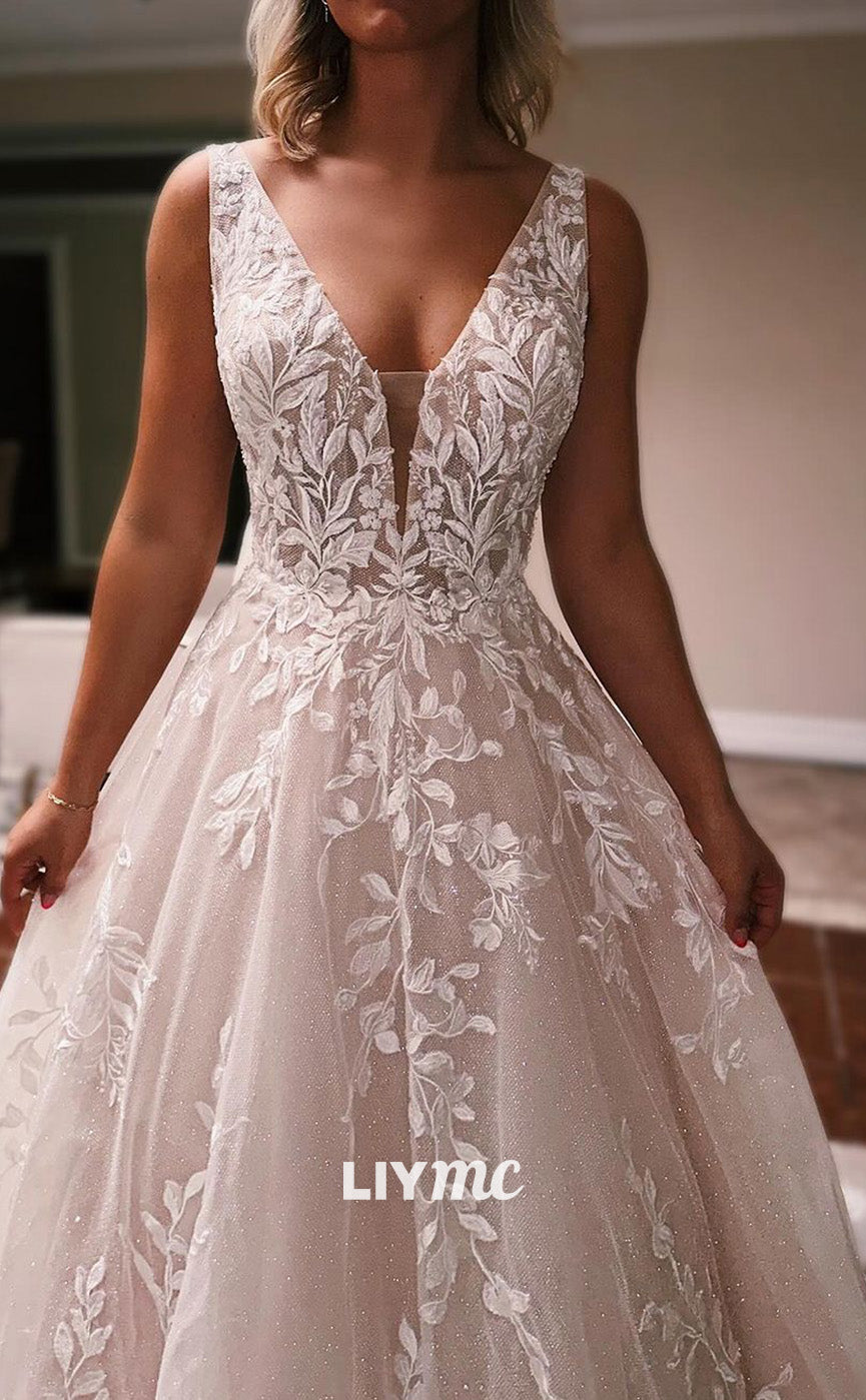 LW916 - V-Neck Sleeveless Appliques A-Line Ball Gown Wedding Dress