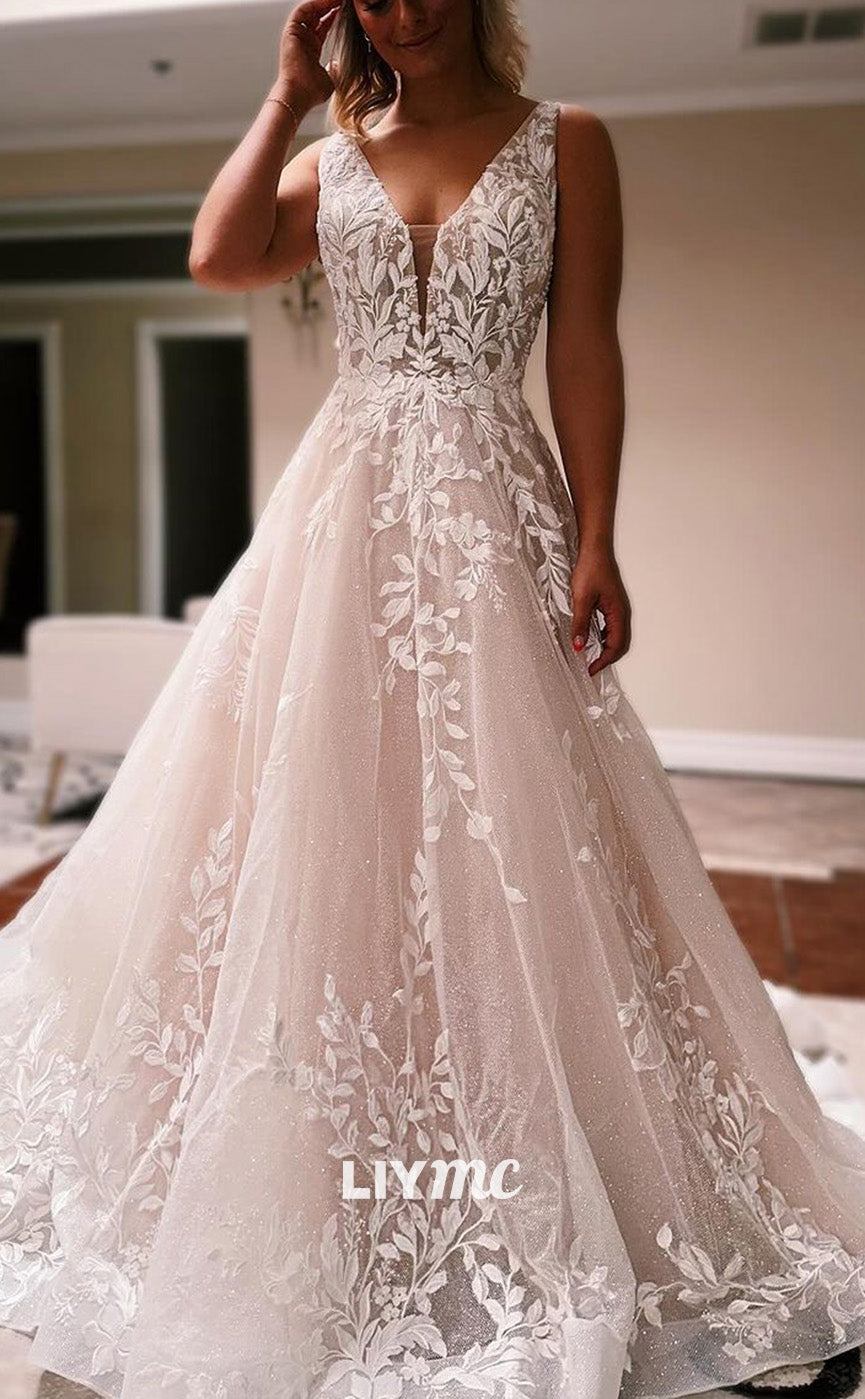 LW916 - V-Neck Sleeveless Appliques A-Line Ball Gown Wedding Dress Liymc LW916 - V-Neck Sleeveless Appliques A-Line Ball Gown Wedding Dress Liymc