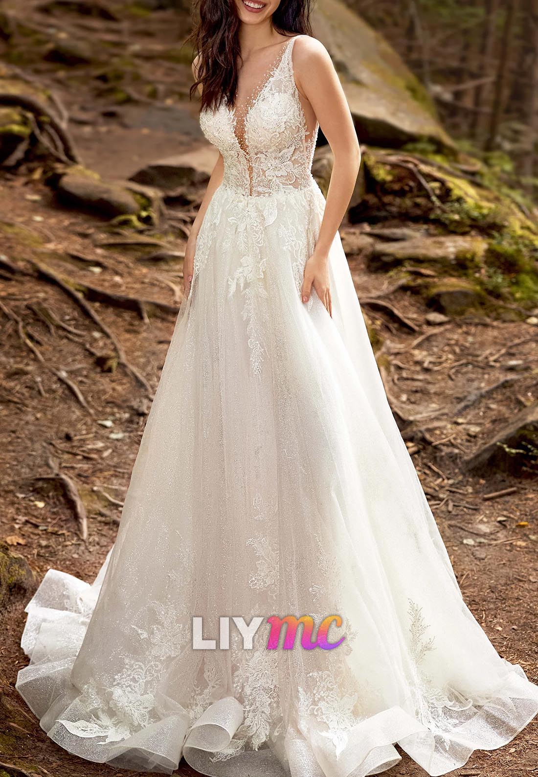 V-Neck Sleeveless Appliques A-Line Wedding Dress