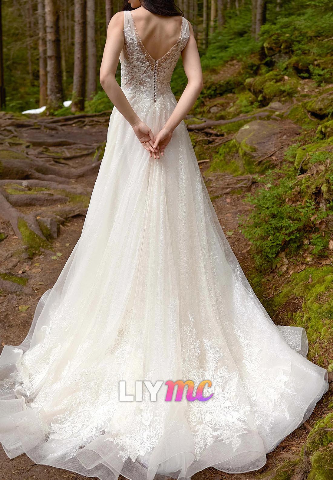 V-Neck Sleeveless Appliques A-Line Wedding Dress