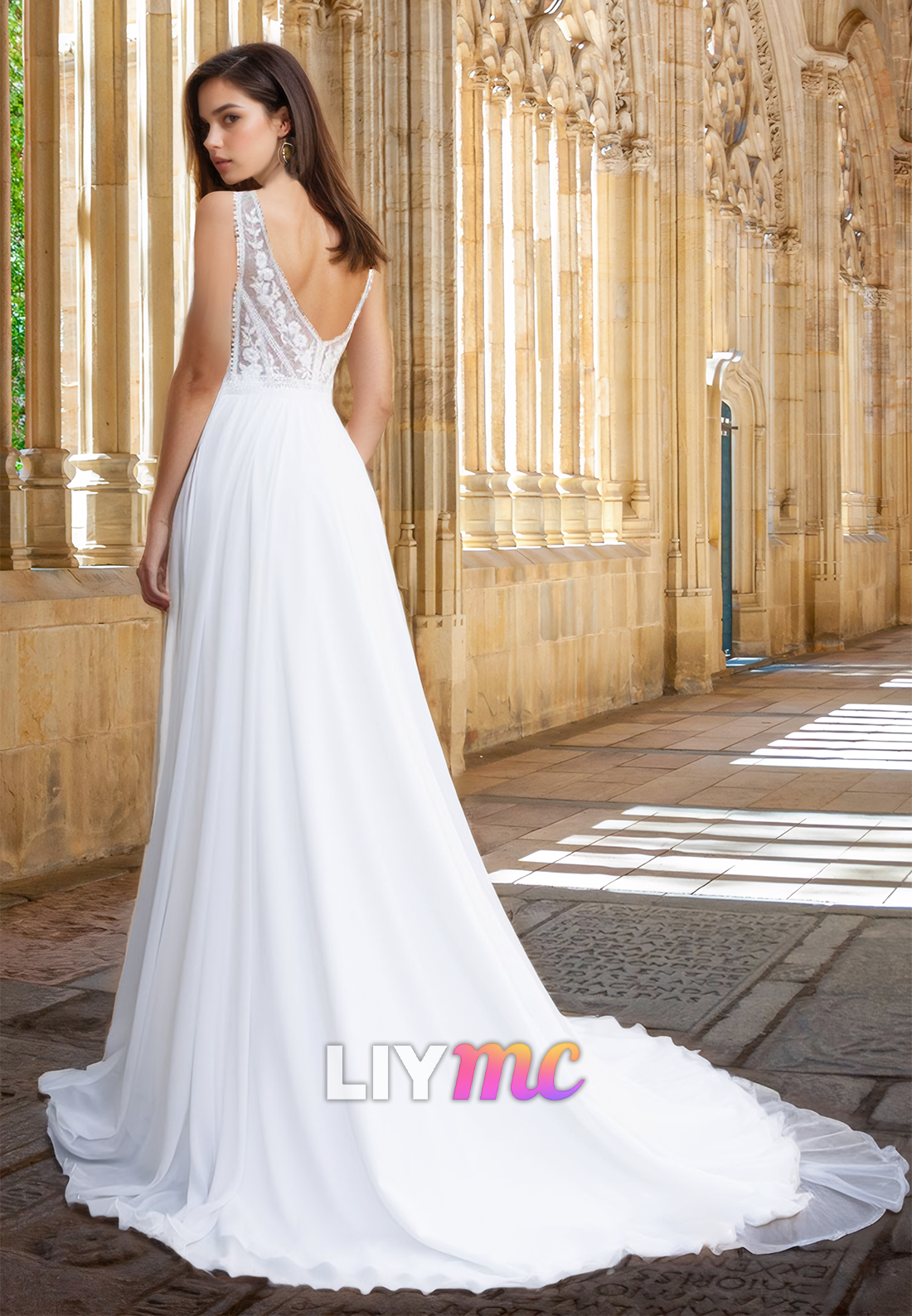 V-Neck Sleeveless Appliques Chiffon A-Line Beach Wedding Dress