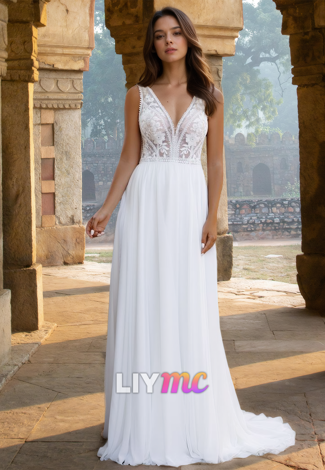 V-Neck Sleeveless Appliques Chiffon A-Line Beach Wedding Dress