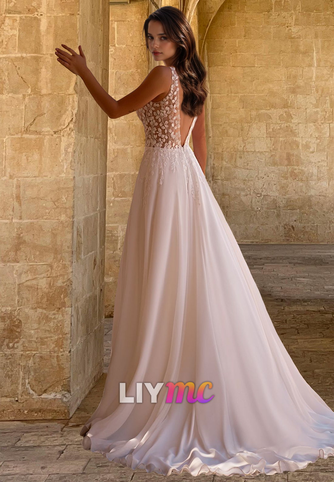 V-Neck Sleeveless Appliques Chiffon A-Line Wedding Dress