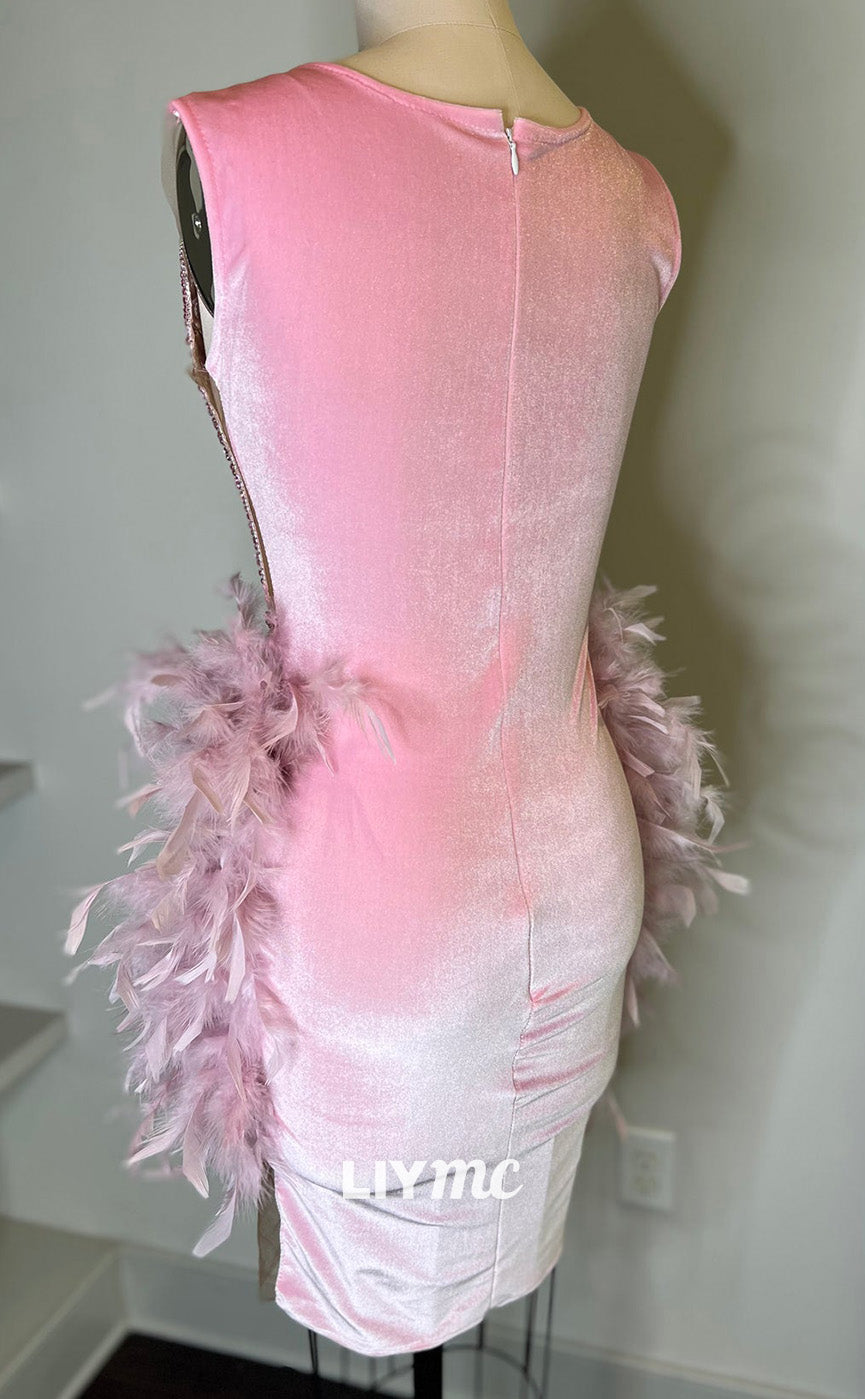 LY304 - V-Neck Sleeveless Appliques Feathered Short Homecoming Dress for Black Girls