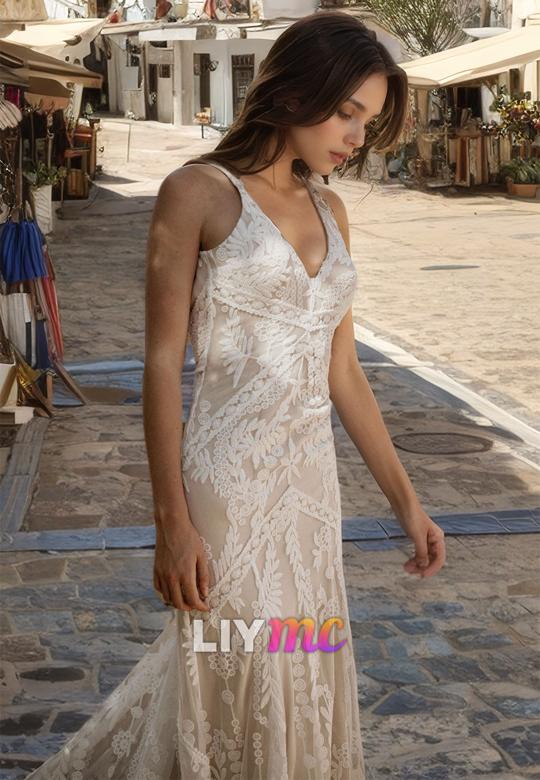 V-Neck Sleeveless Appliques Mermaid Boho Wedding Dress