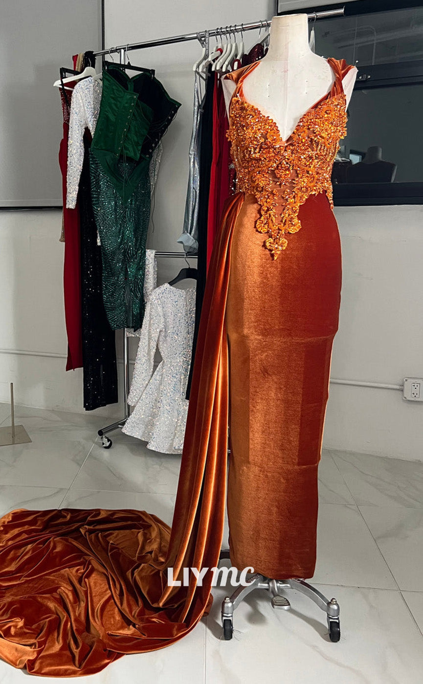 LP2230 - V-Neck Sleeveless Appliques Mermaid Prom Dress for Black Girls