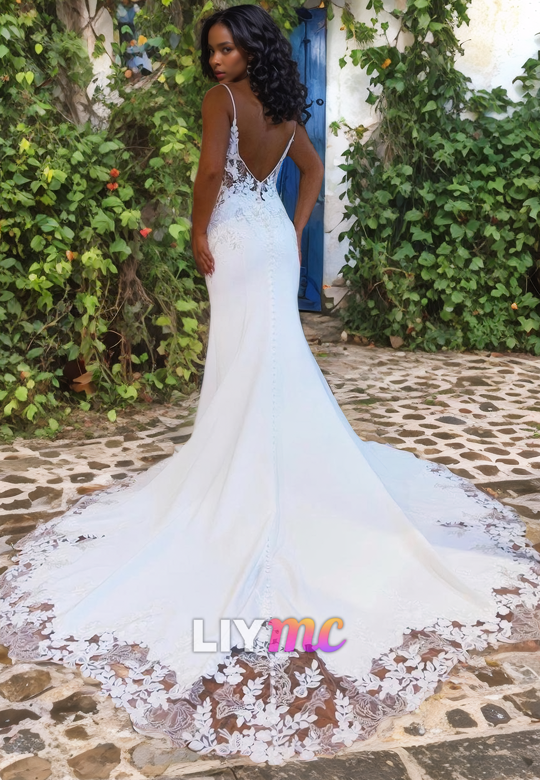 V-Neck Sleeveless Appliques Mermaid Wedding Dress