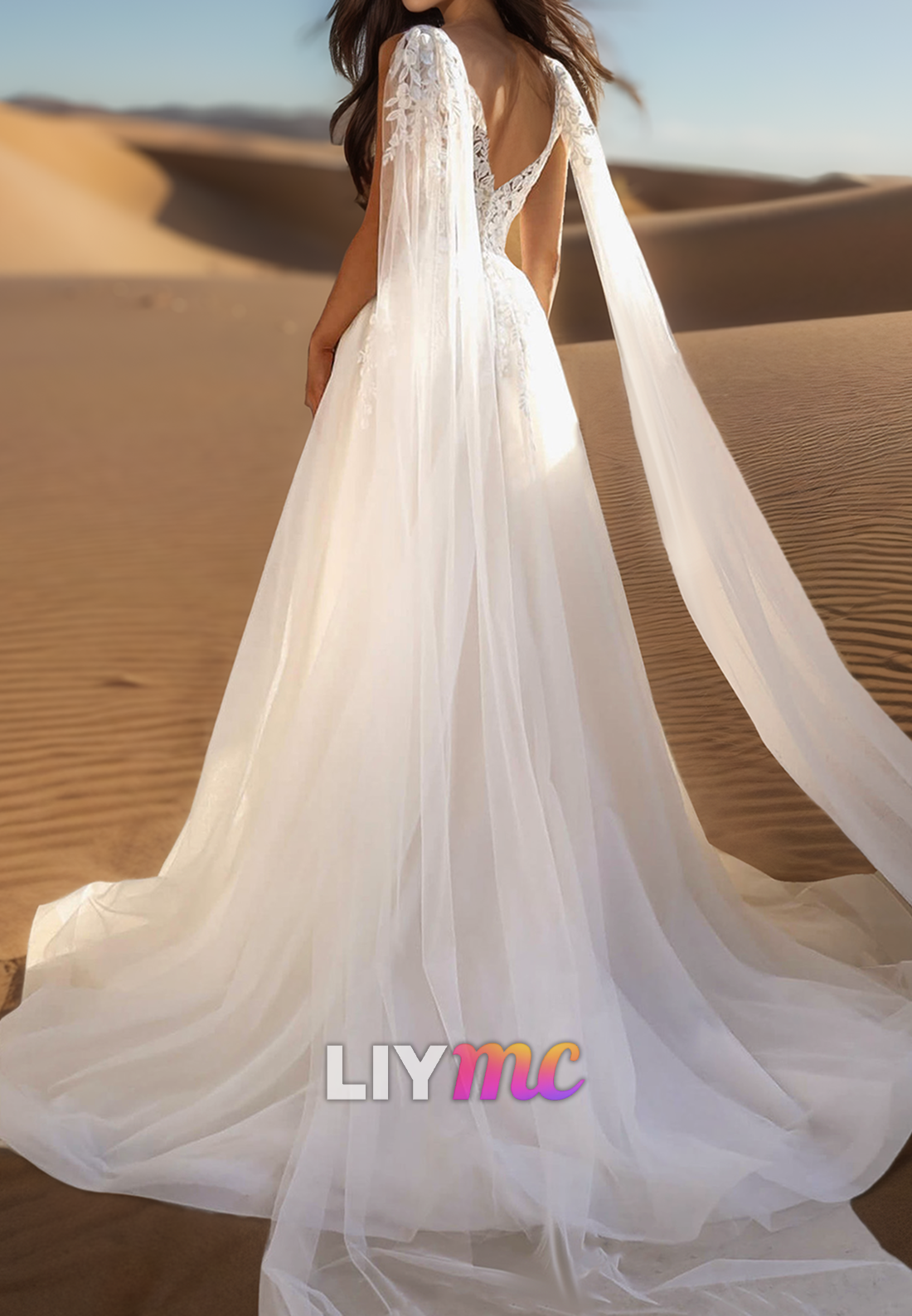 V-Neck Sleeveless Appliques Pleated A-Line Mesh Wedding Dress
