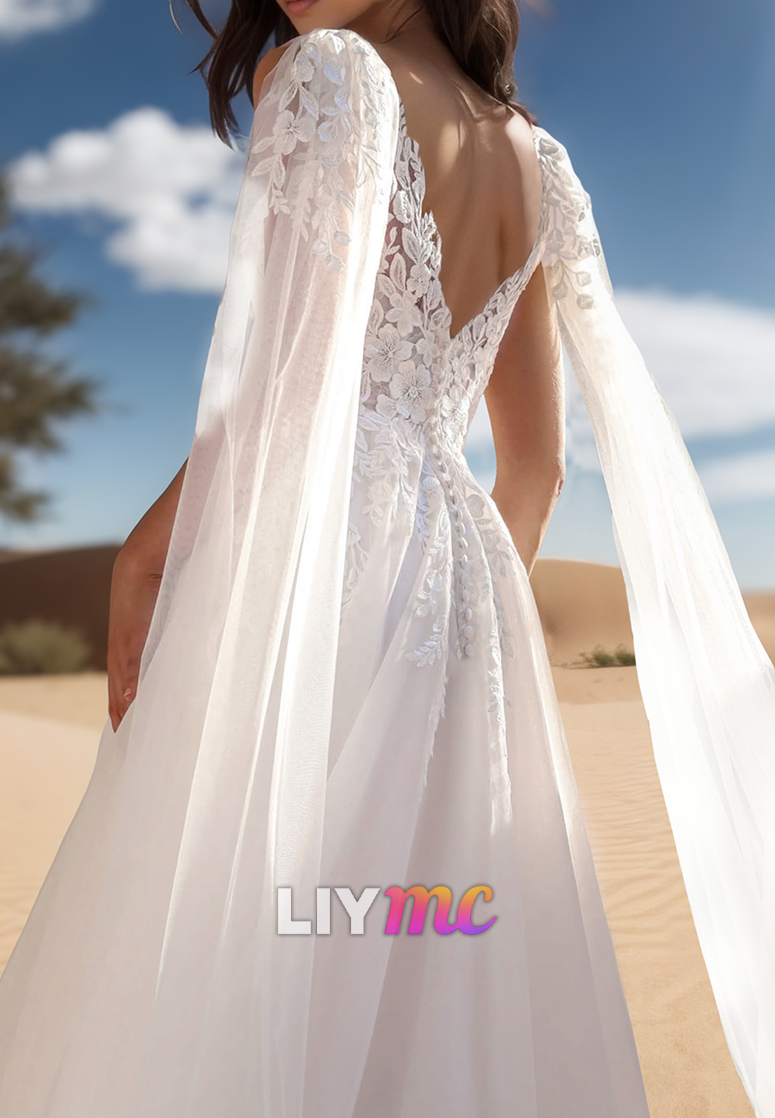 V-Neck Sleeveless Appliques Pleated A-Line Mesh Wedding Dress