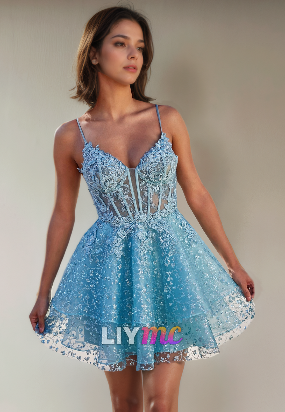 V-Neck Sleeveless Appliques Sheer Pleated A-Line Short Homecoming Dress