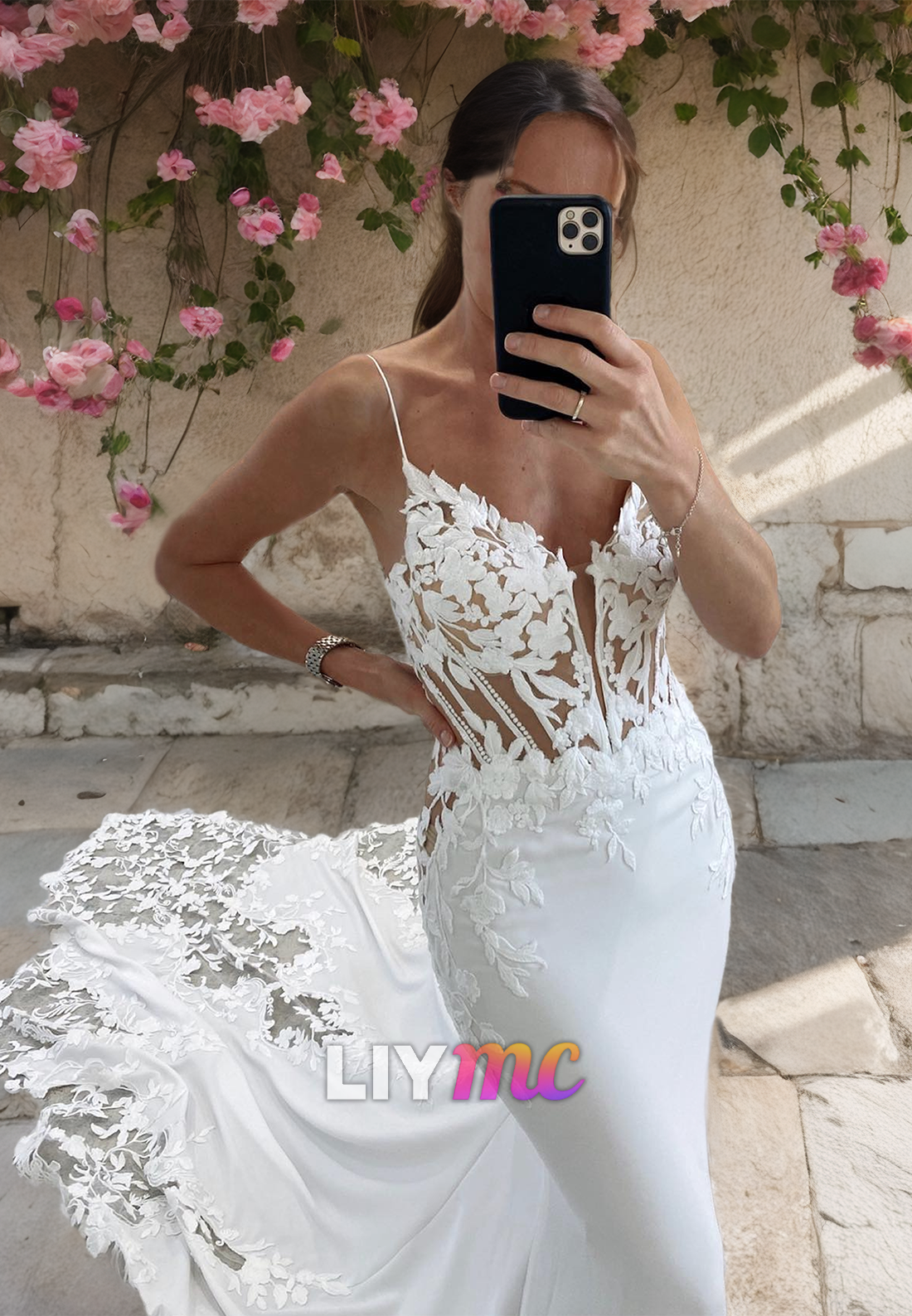 V-Neck Sleeveless Appliques Sheer Sleek Mermaid Wedding Dress