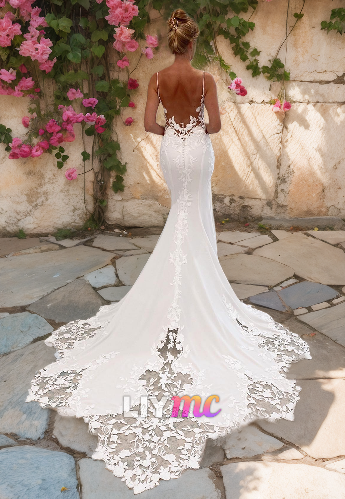 V-Neck Sleeveless Appliques Sheer Sleek Mermaid Wedding Dress