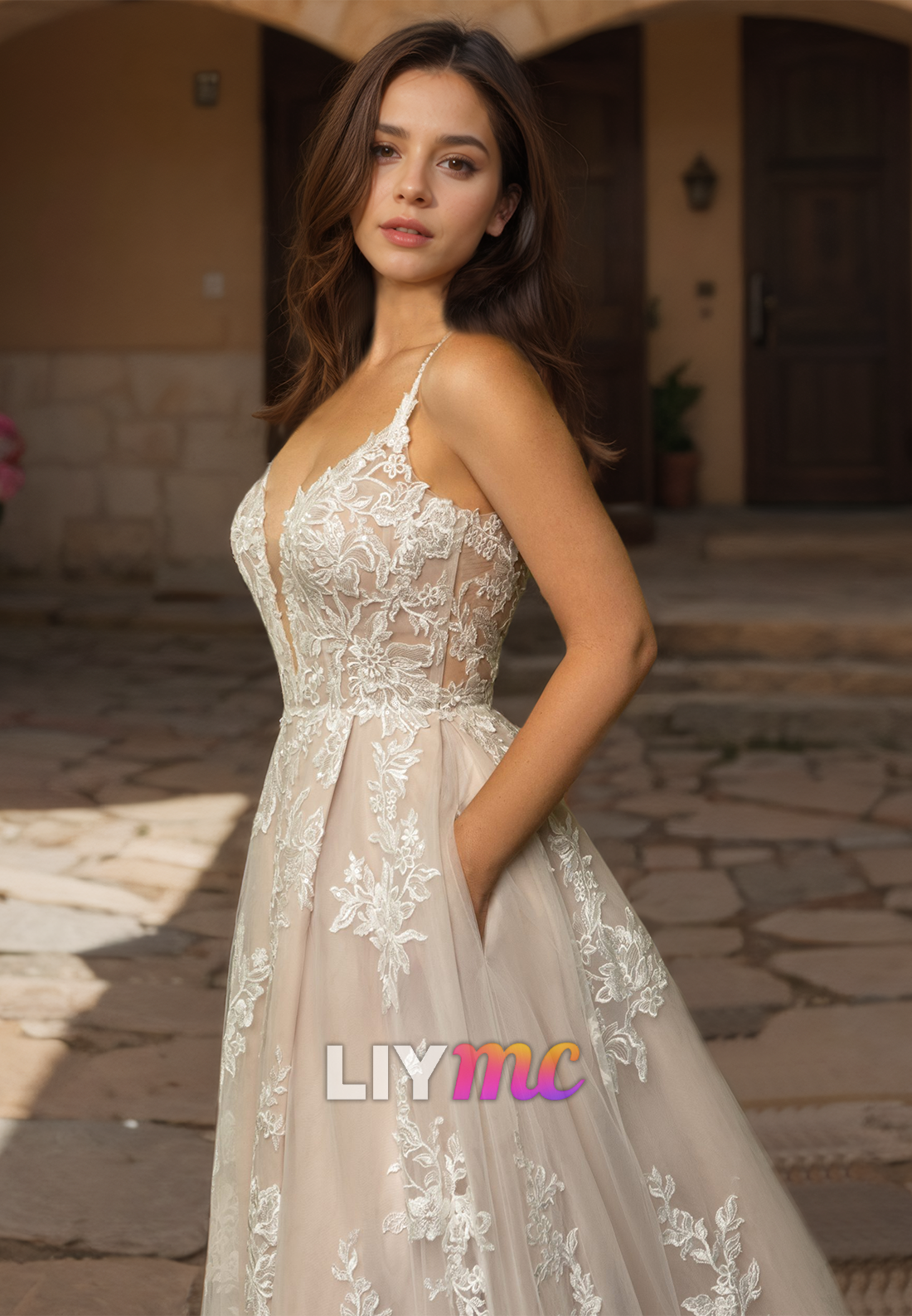 V-Neck Sleeveless Appliques Side Slit A-Line Wedding Dress
