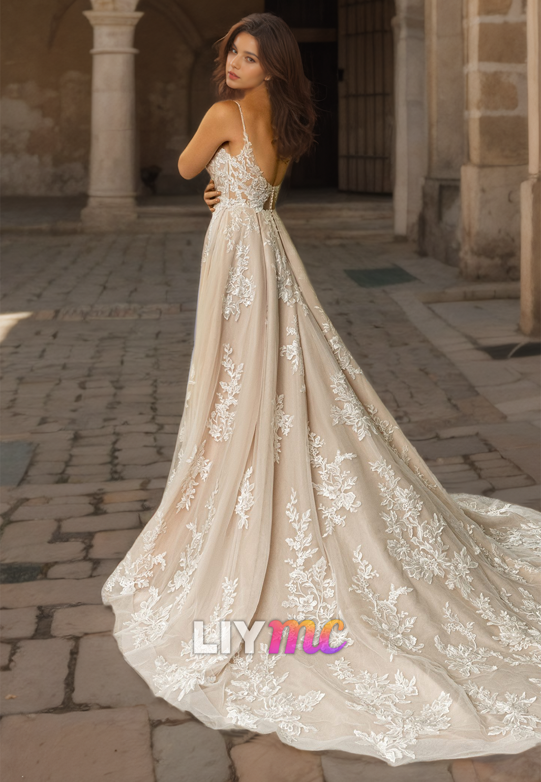 V-Neck Sleeveless Appliques Side Slit A-Line Wedding Dress