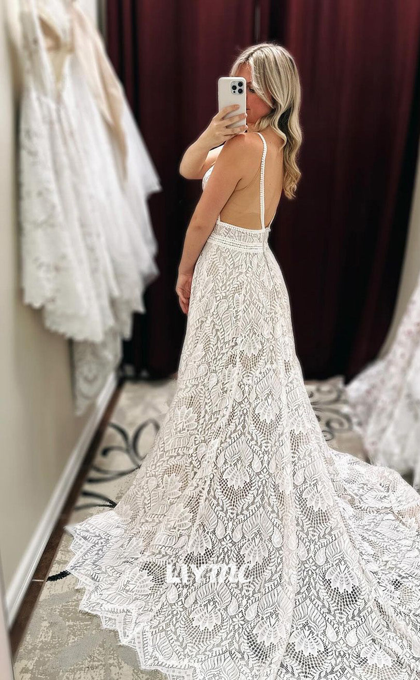 LW917 - V-Neck Sleeveless Appliques Sweep Train A-Line Beach Wedding Dress