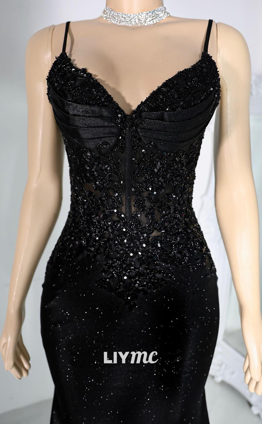 LP1412 - V-Neck Sleeveless Beaded Appliques Sleek Satin Sheath Mermaid Prom Dress