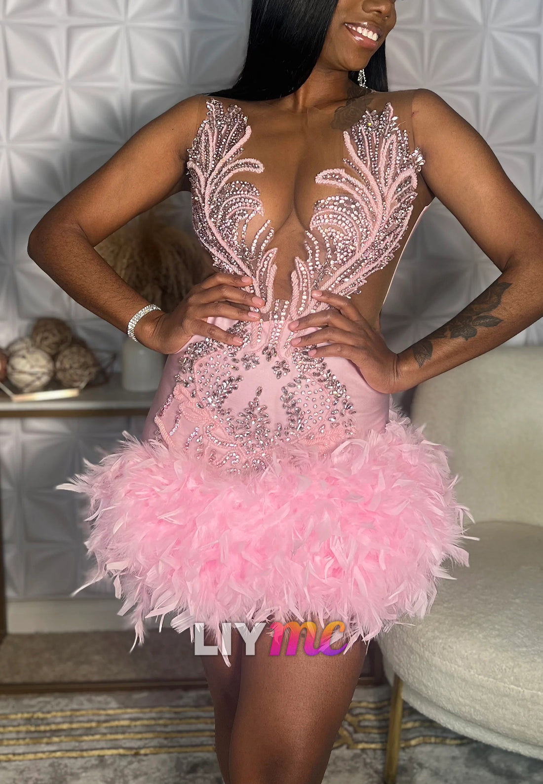 V-Neck Sleeveless Beaded Feathered Sheath Homecoming Dress