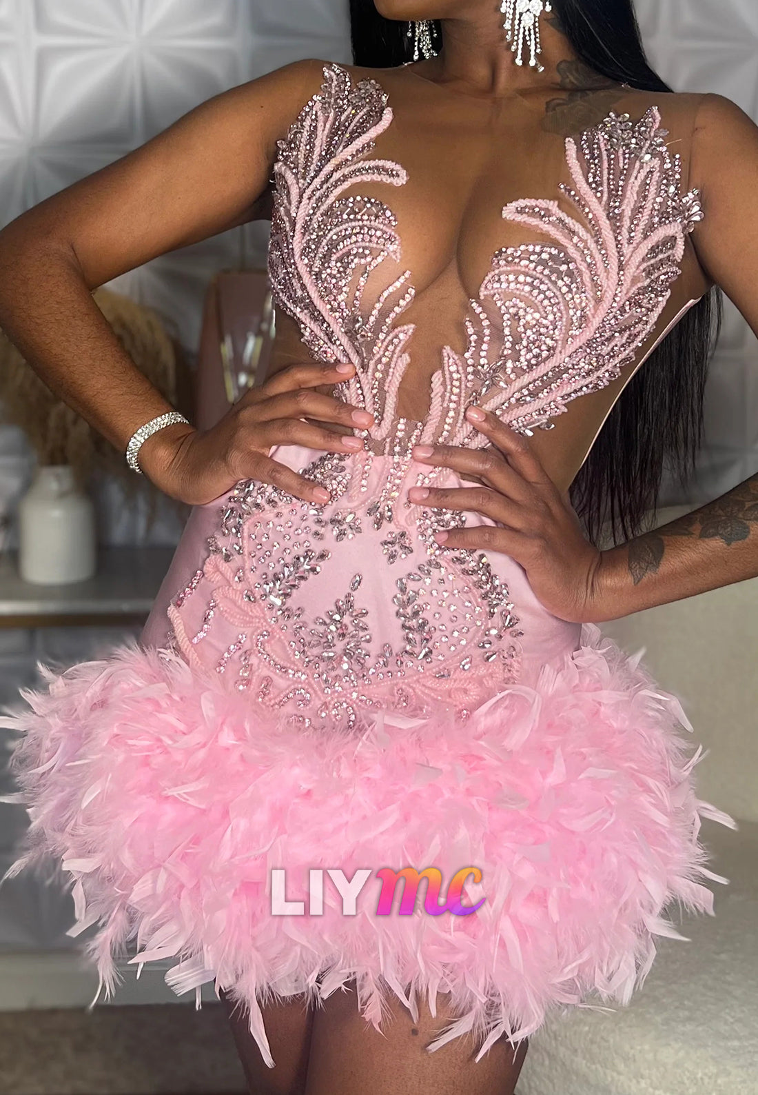 V-Neck Sleeveless Beaded Feathered Sheath Homecoming Dress