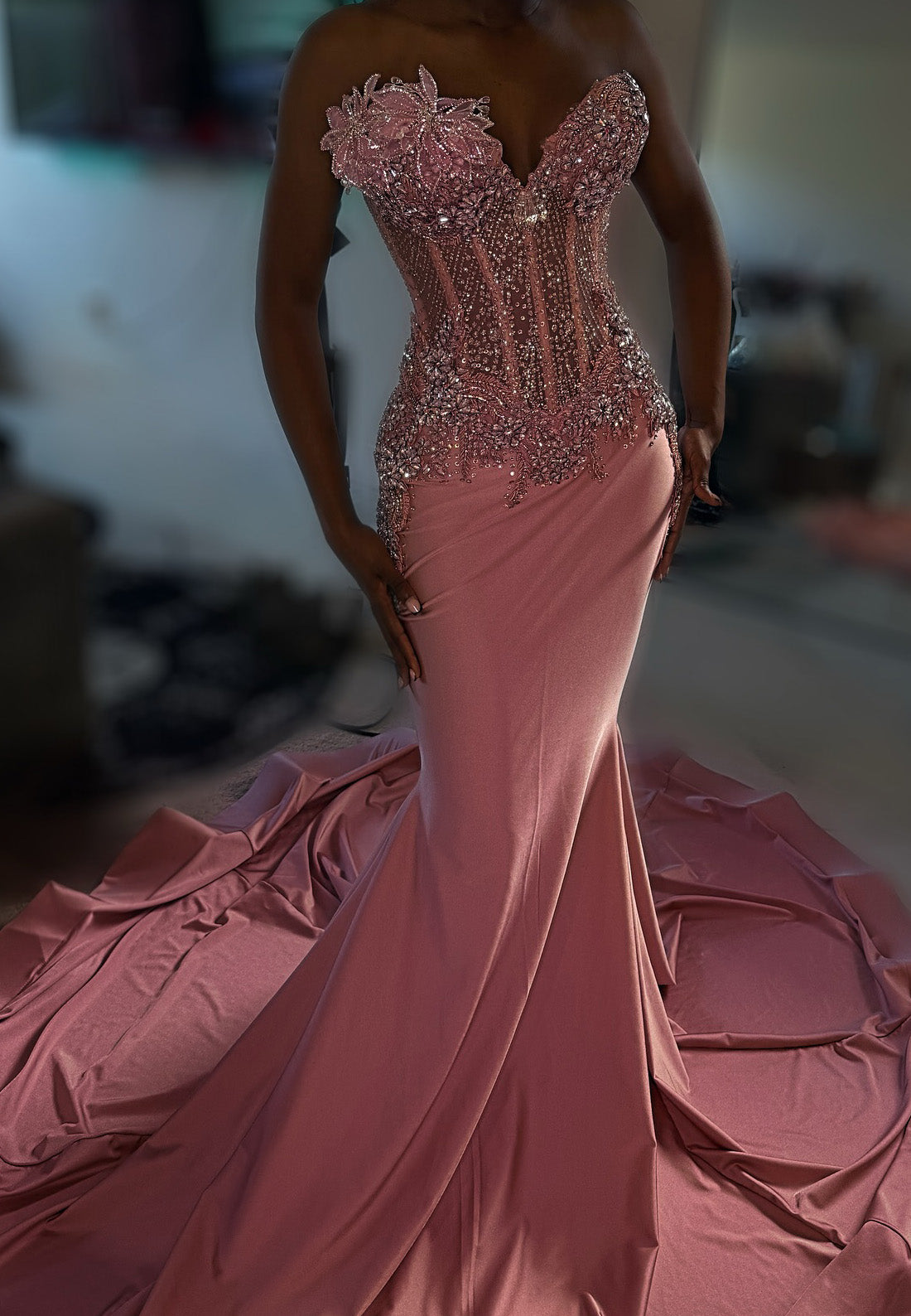 V-Neck Sleeveless Beaded Floral Mermaid Sparkly Prom Dress for Black Girls