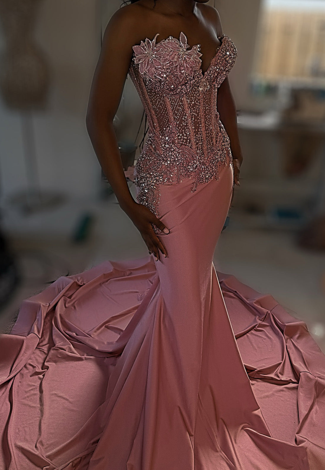 V-Neck Sleeveless Beaded Floral Mermaid Sparkly Prom Dress for Black Girls
