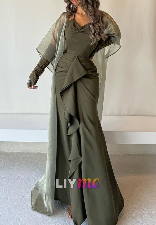 V-Neck Sleeveless Beaded Ruffles Mermaid Evening Dress