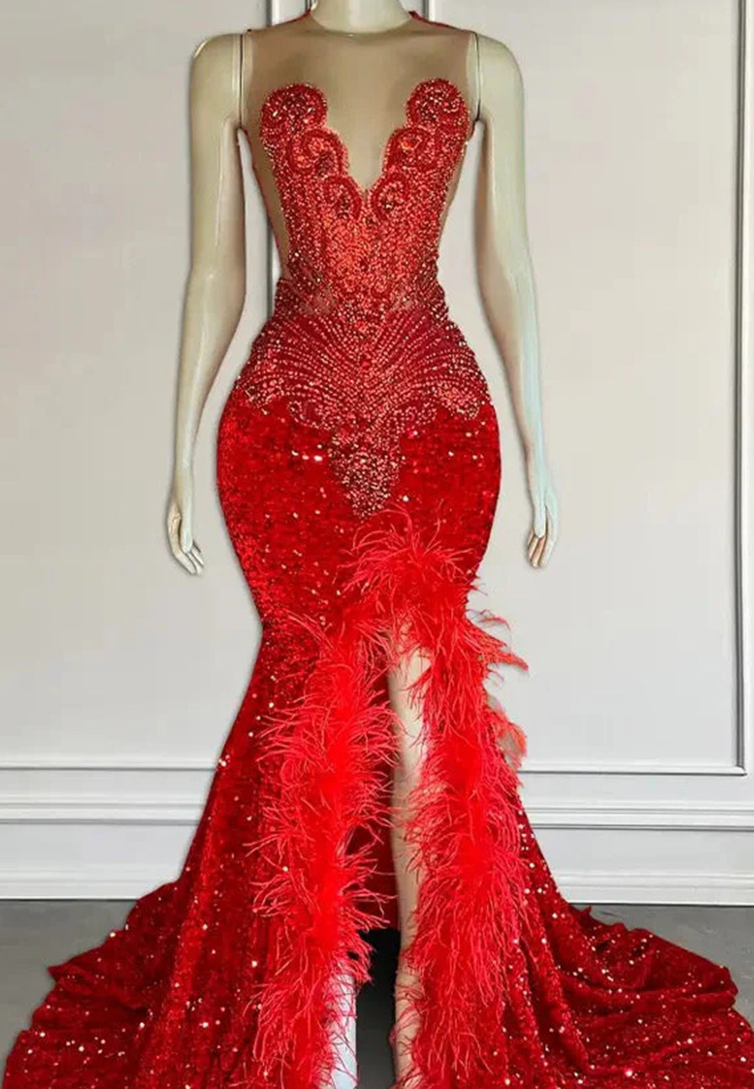 V-Neck Sleeveless Beaded Sequins Feathered Mermaid Prom Dress for Black Girls