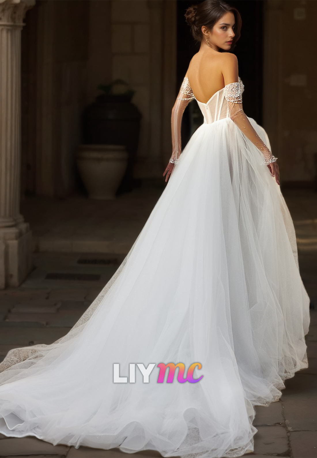 V-Neck Sleeveless Beaded Tulle Ball Gown Wedding Dress