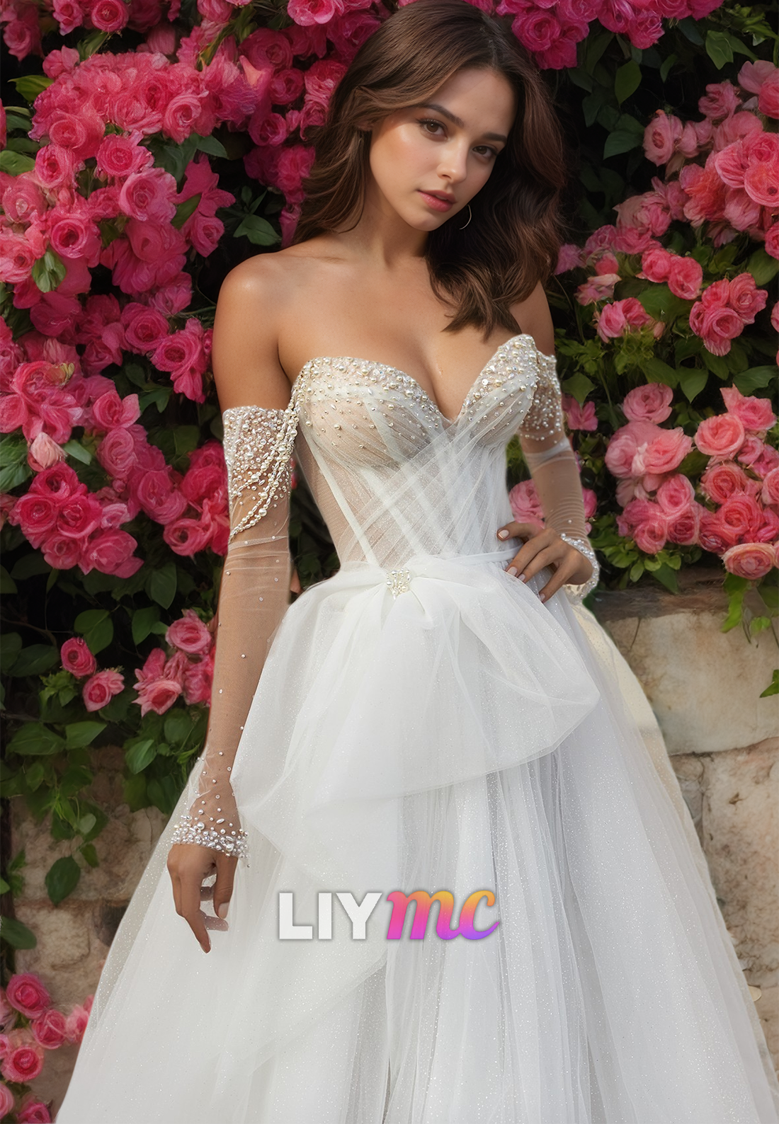 V-Neck Sleeveless Beaded Tulle Ball Gown Wedding Dress