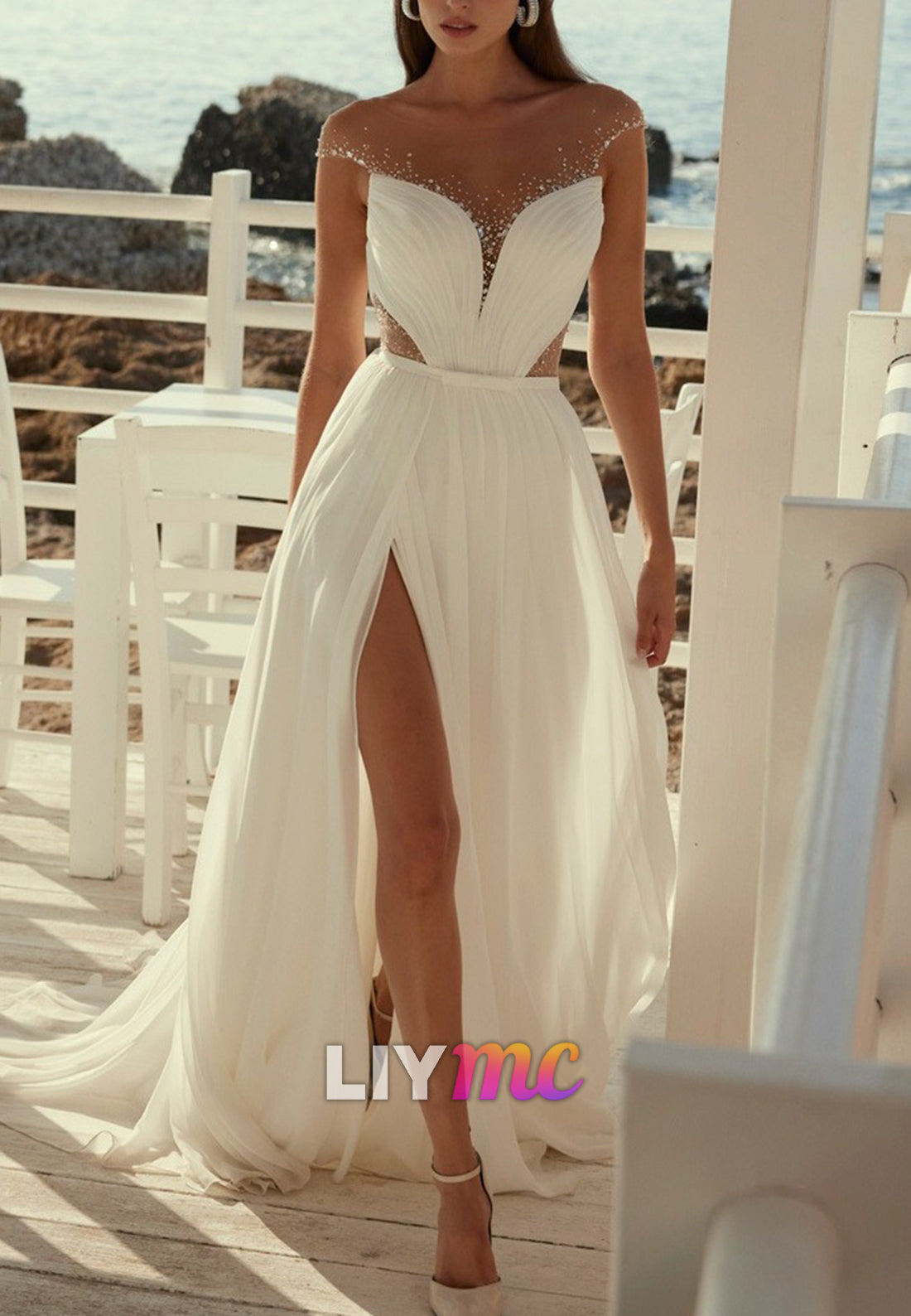 V-Neck Sleeveless Chiffon Pleated Beading A-Line Wedding Dress