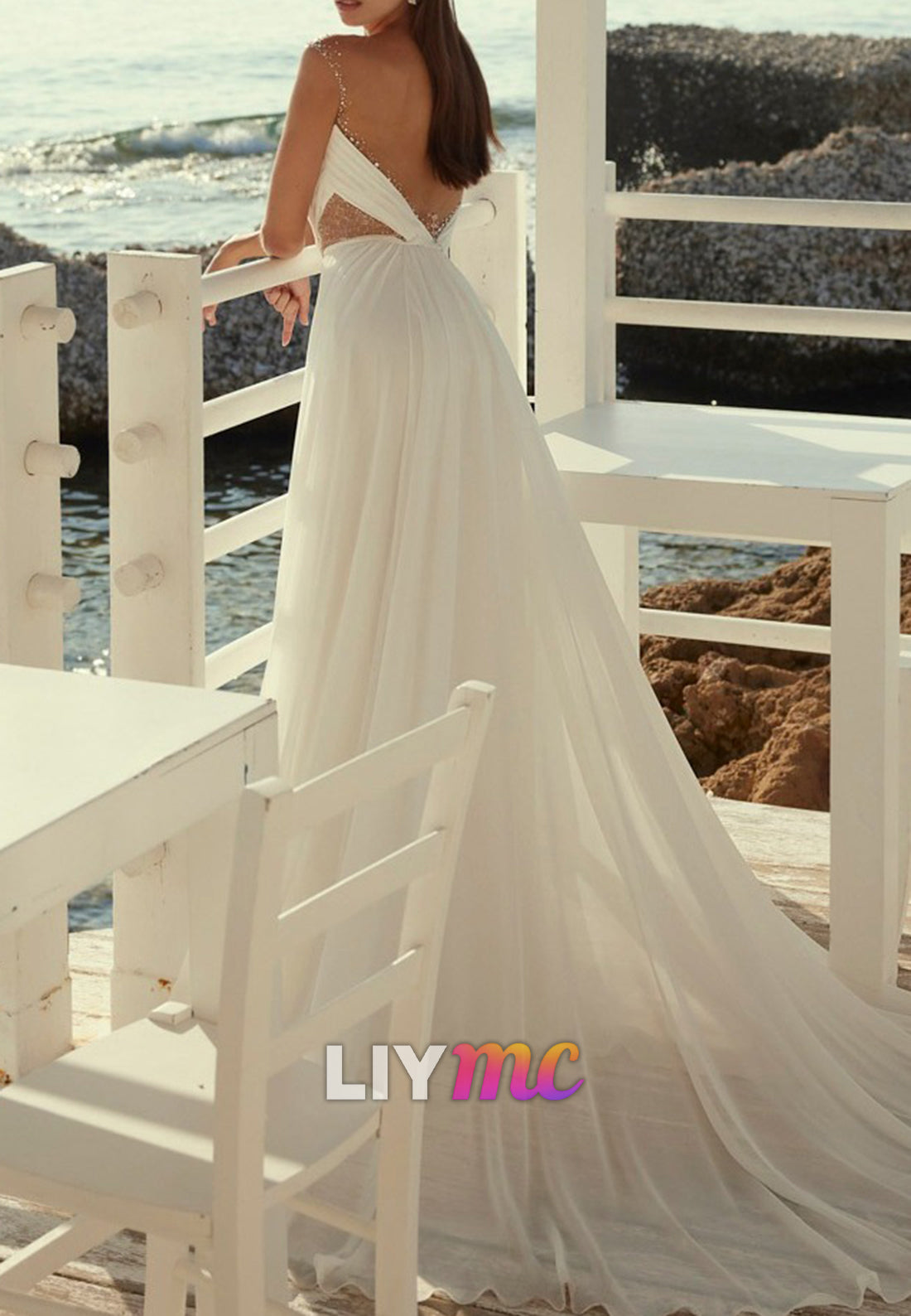 V-Neck Sleeveless Chiffon Pleated Beading A-Line Wedding Dress