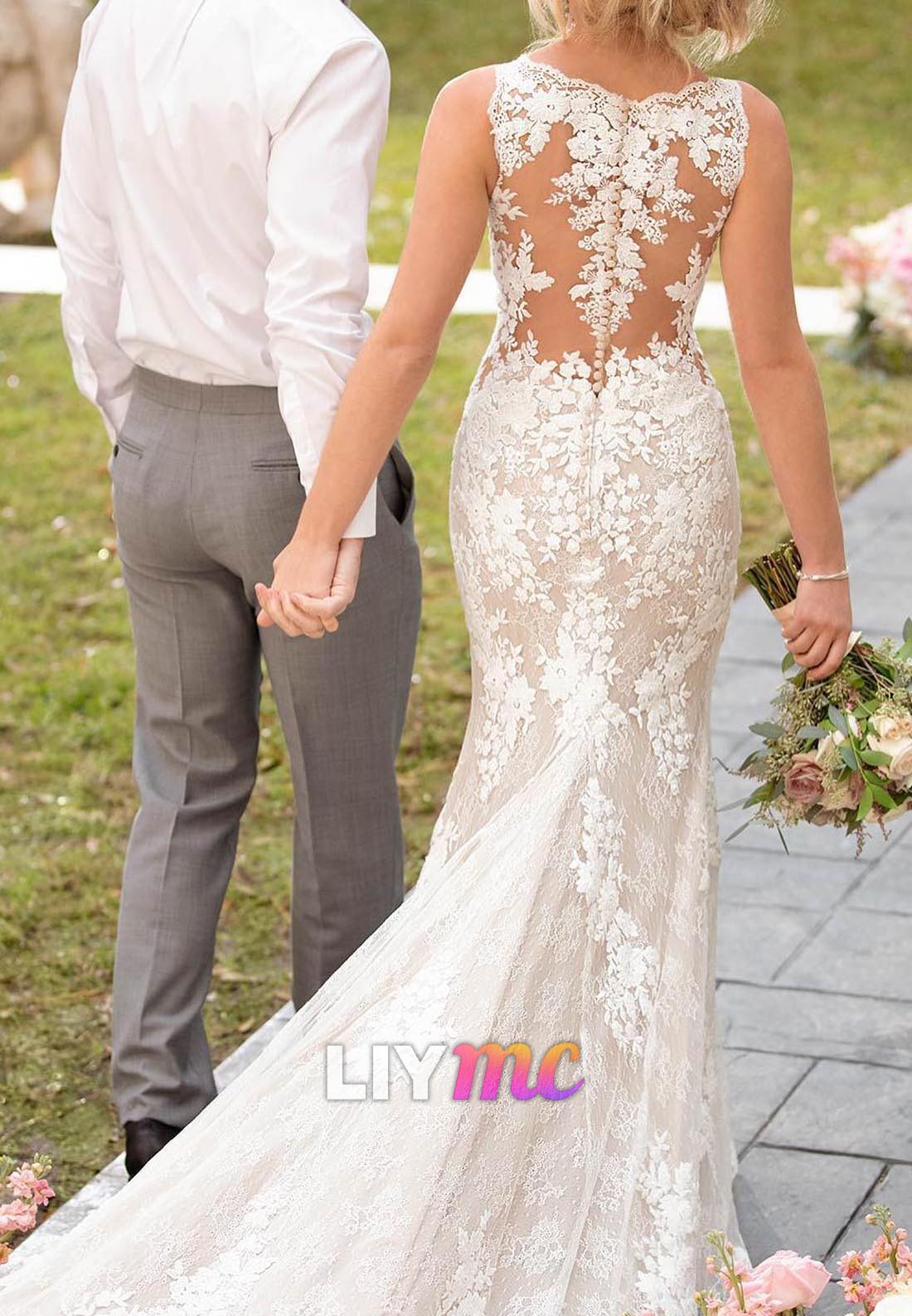 V-Neck Sleeveless Floral Appliques Mermaid Wedding Dress