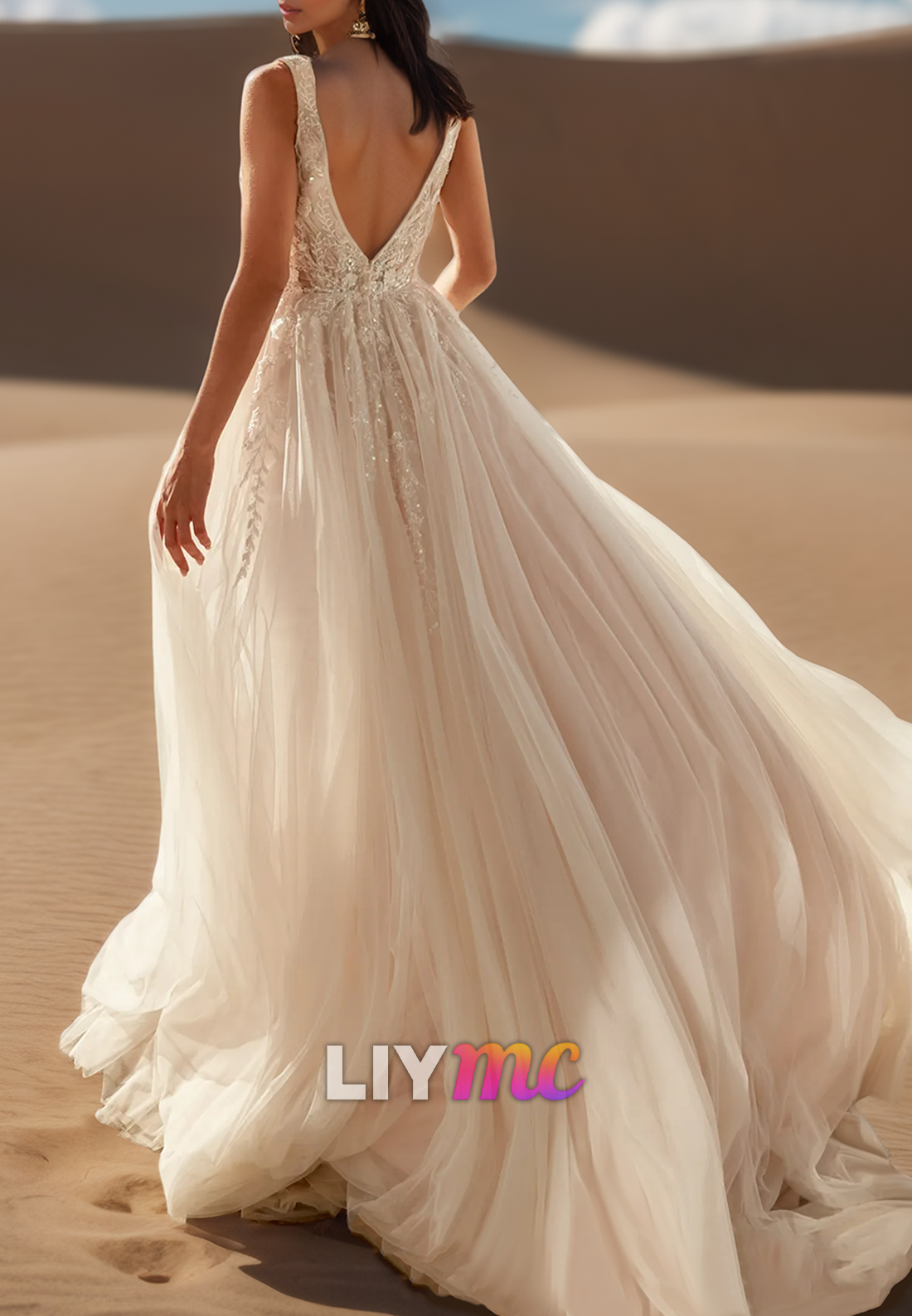 V-Neck Sleeveless Floral Appliques Tulle A-Line Wedding Dress