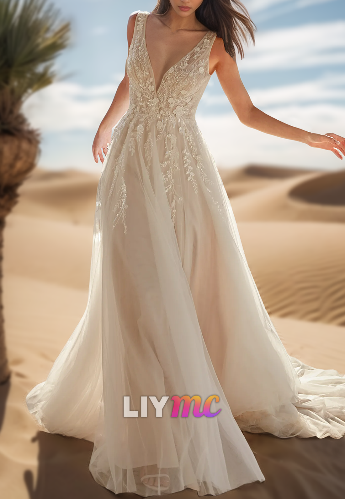V-Neck Sleeveless Floral Appliques Tulle A-Line Wedding Dress
