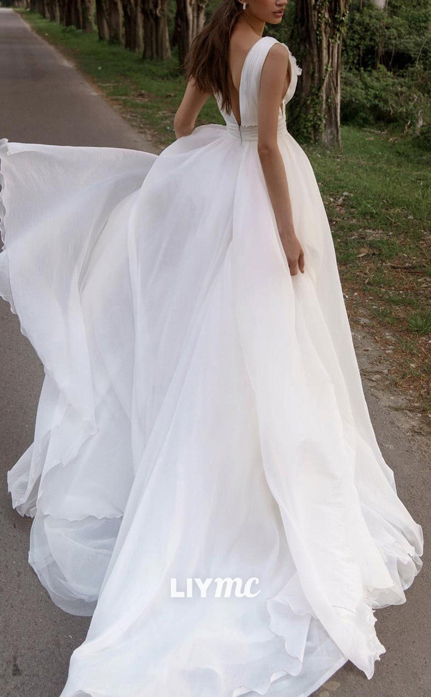 LW866 - V-Neck Sleeveless Floral Embellished A-Line Beach Wedding Dress