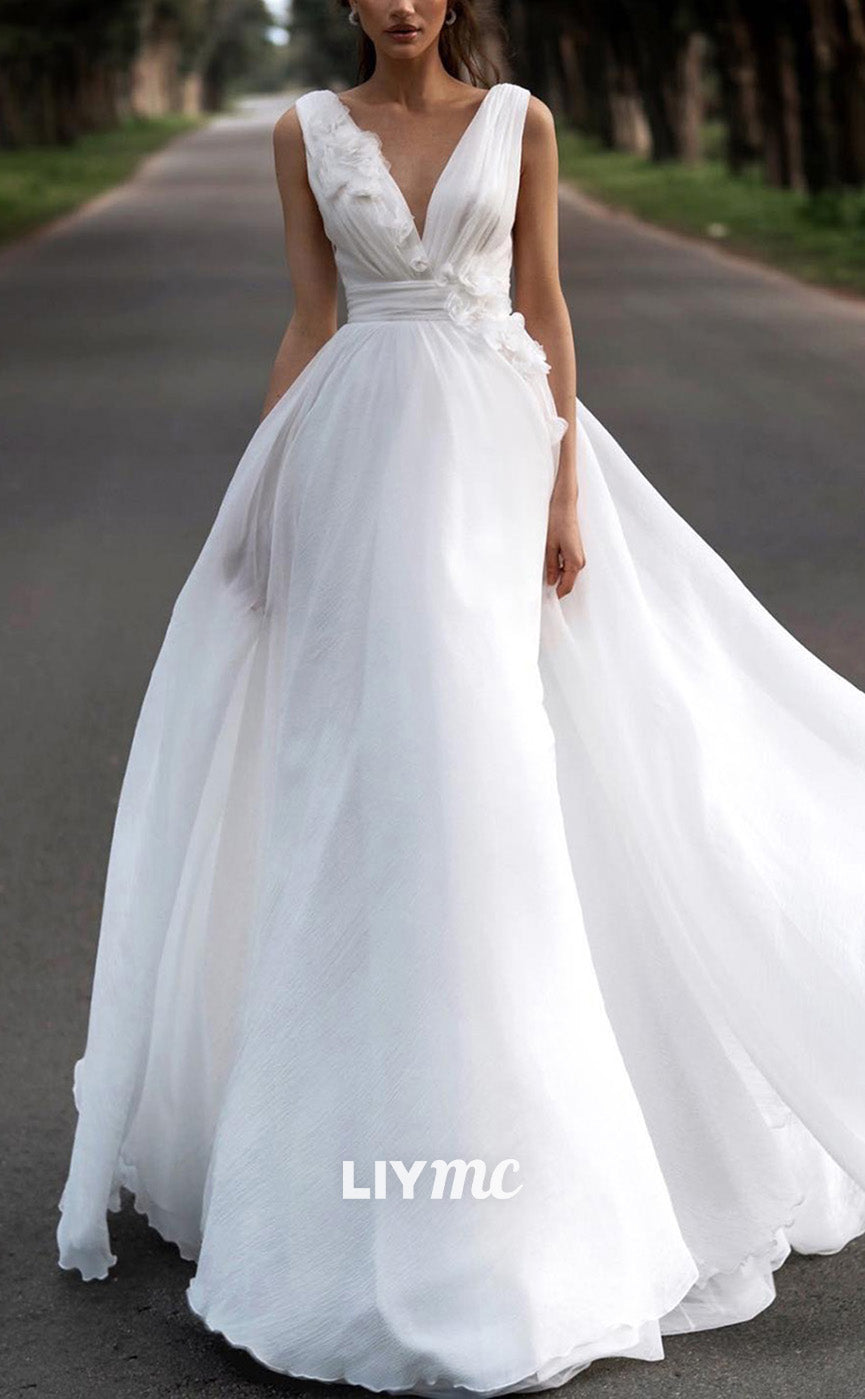 LW866 - V-Neck Sleeveless Floral Embellished A-Line Beach Wedding Dres Liymc LW866 - V-Neck Sleeveless Floral Embellished A-Line Beach Wedding Dres Liymc