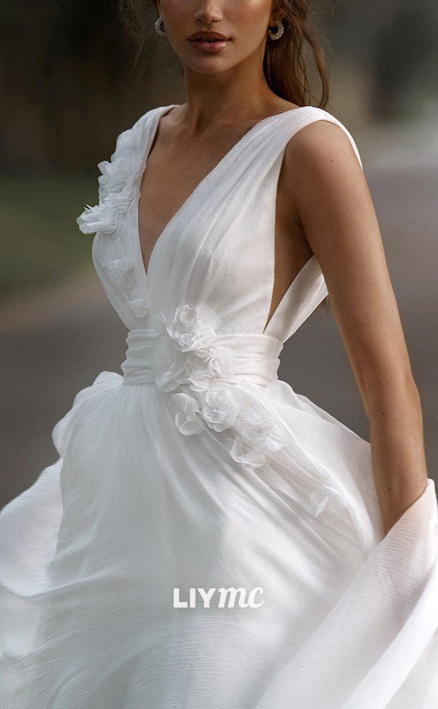 LW866 - V-Neck Sleeveless Floral Embellished A-Line Beach Wedding Dress