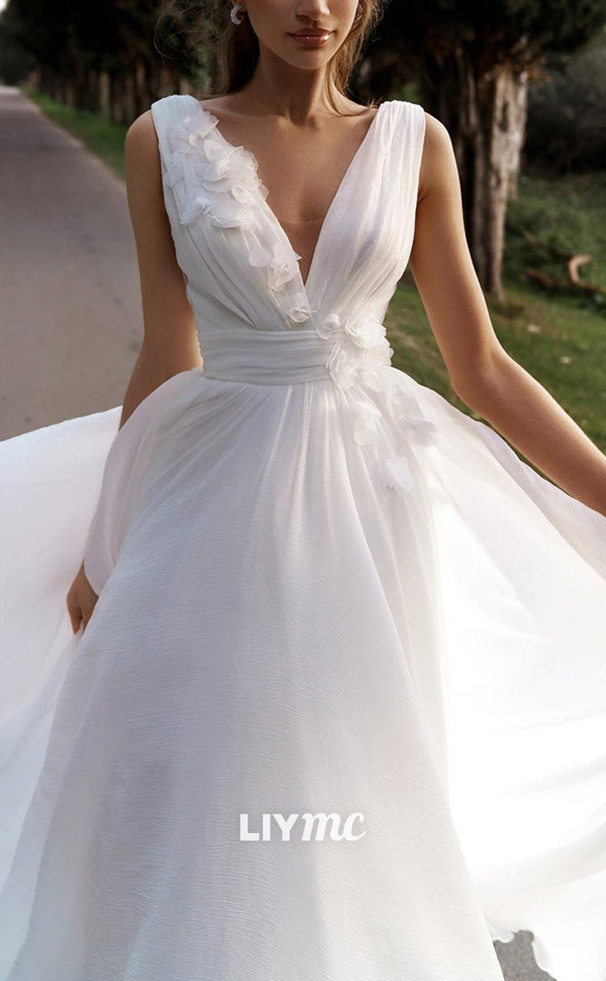 LW866 - V-Neck Sleeveless Floral Embellished A-Line Beach Wedding Dress