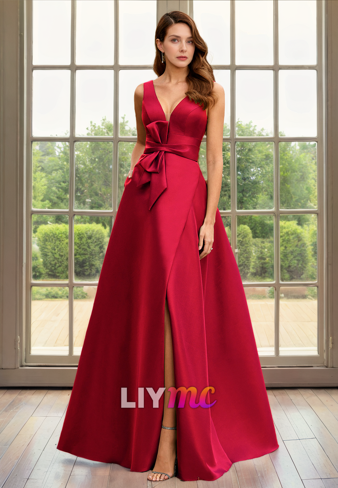 V-Neck Sleeveless Floral Embellsihed A-Line Satin Mother of Bride Dress Cocktail Dress