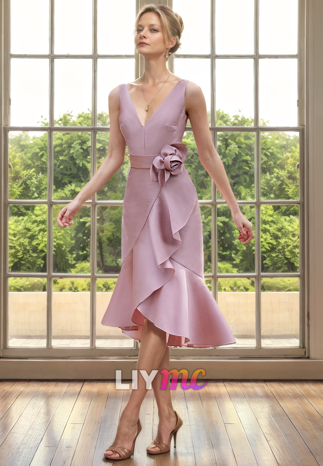 V-Neck Sleeveless Floral Ruffled A-Line Satin Mother of Bride Dress Cocktail Dress