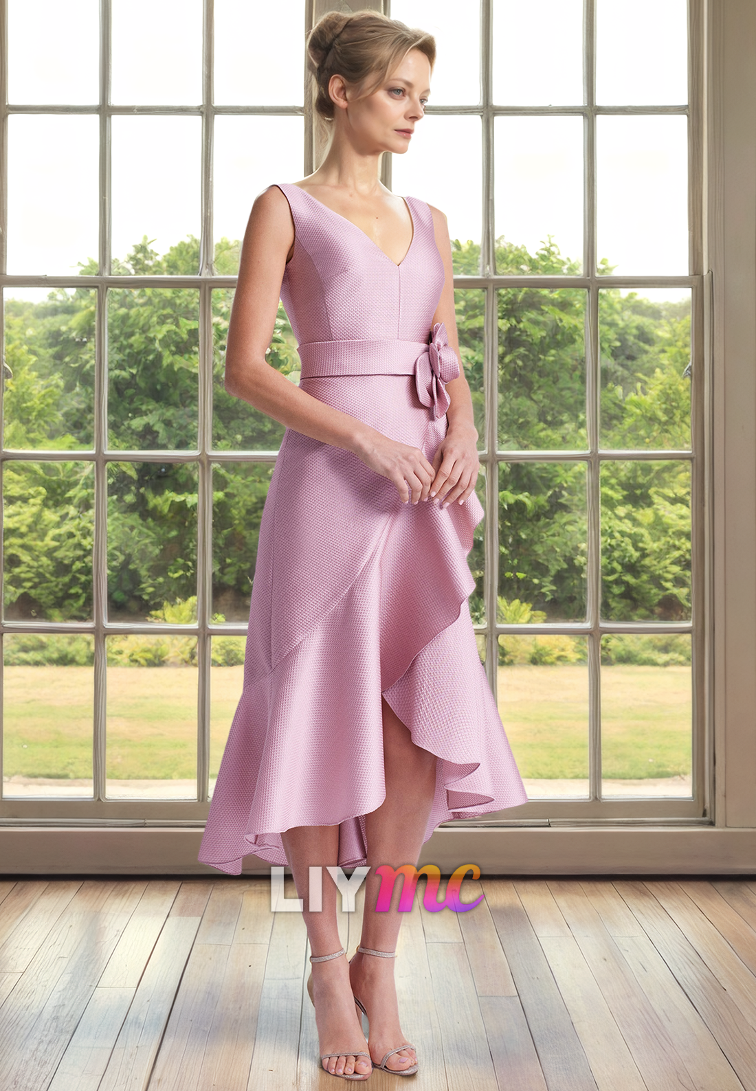 V-Neck Sleeveless Floral Ruffled A-Line Satin Mother of Bride Dress Co Liymc V-Neck Sleeveless Floral Ruffled A-Line Satin Mother of Bride Dress Co Liymc