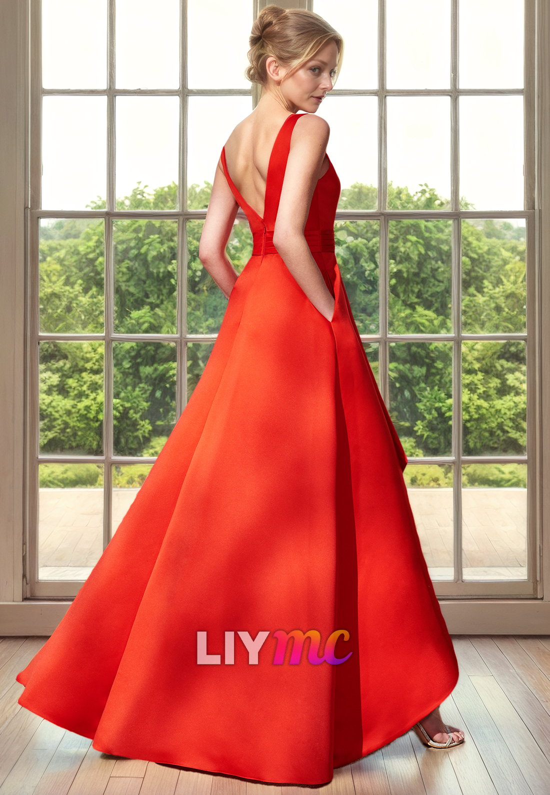 V-Neck Sleeveless High Slit Pleated A-Line Mother of Bride Dress Cocktail Dress