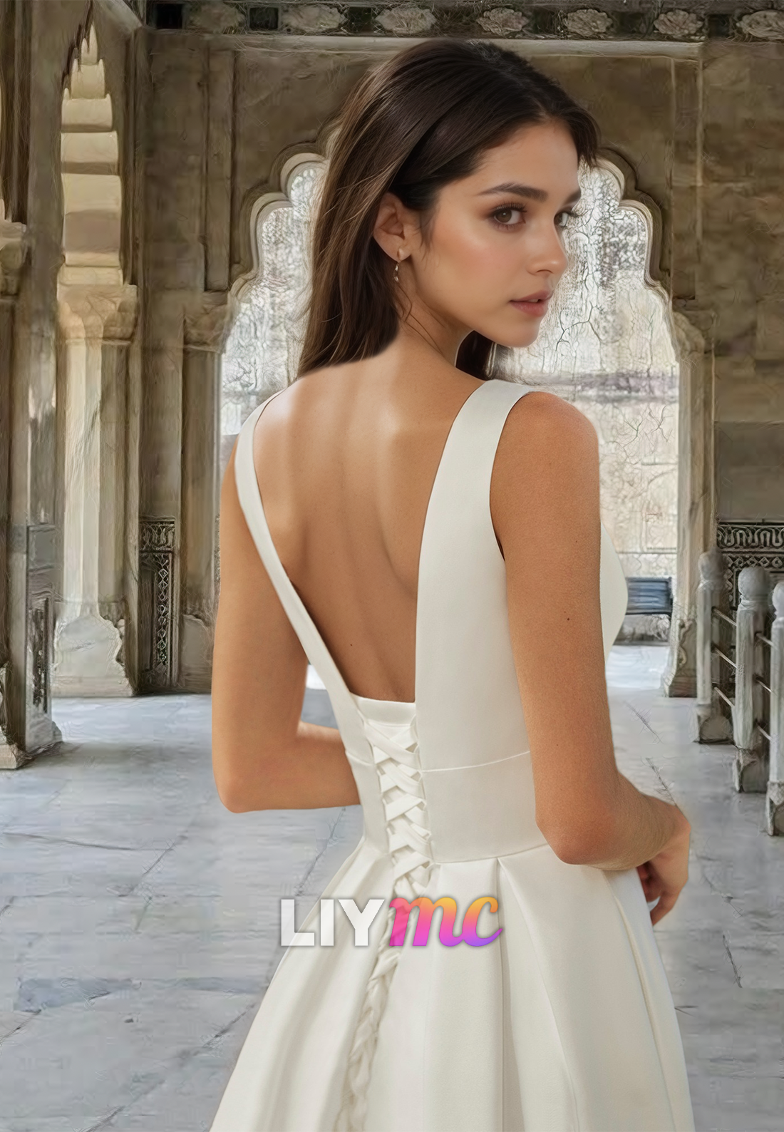 V-Neck Sleeveless Lace-Up Pleated Satin A-Line Simple Wedding Dress